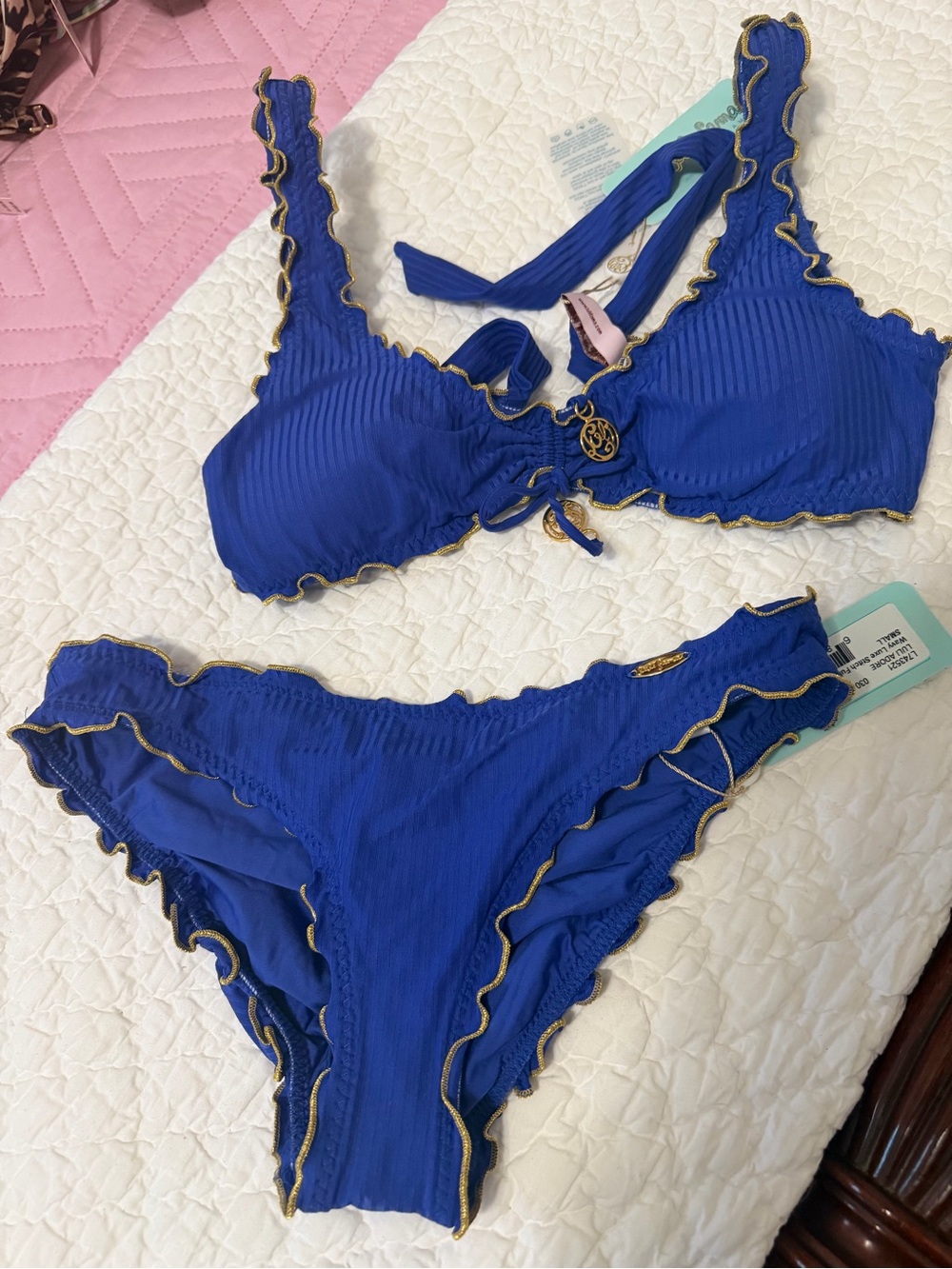 Luli Fama Cobalt Blue Bikini Set with Gold Trim